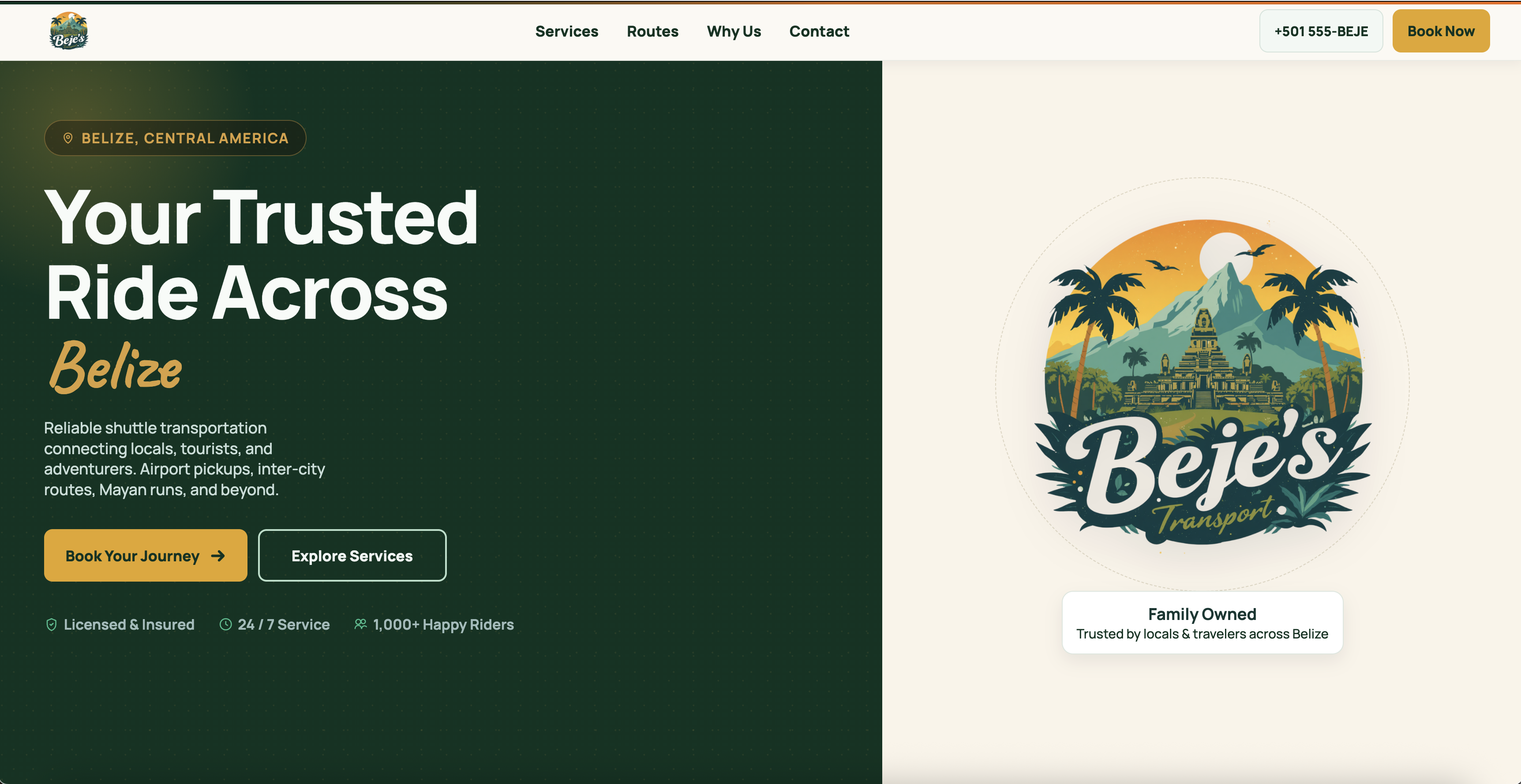 Screenshot of the Beje's Transport Belize shuttle website