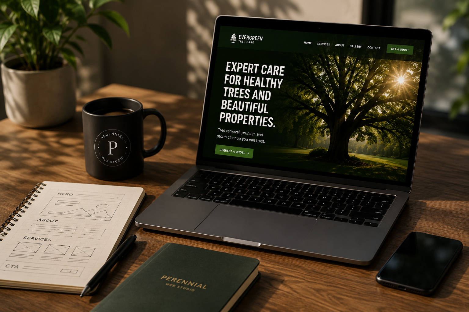 Desk with coffee, design books, and a laptop—representing thoughtful web studio work